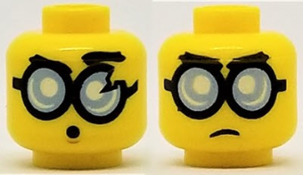 Display of LEGO part no. 3626cpb2020 Minifigure, Head Dual Sided Glasses Round with Bright Light Blue Lenses and Black Frames, Frown / Surprised Pattern (Steve), Hollow Stud  which is a Yellow Minifigure, Head Dual Sided Glasses Round with Bright Light Blue Lenses and Black Frames, Frown / Surprised Pattern (Steve), Hollow Stud 