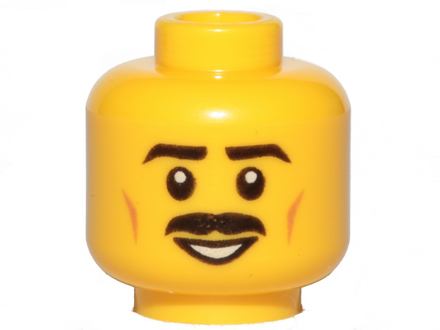 Display of LEGO part no. 3626cpb2054 Minifigure, Head Moustache Black, Black Eyebrows, Brown Cheek Lines, Smile, White Pupils Pattern, Hollow Stud  which is a Yellow Minifigure, Head Moustache Black, Black Eyebrows, Brown Cheek Lines, Smile, White Pupils Pattern, Hollow Stud 