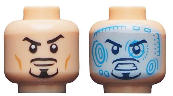 Display of LEGO part no. 3626cpb2060 Minifigure, Head Dual Sided Black Eyebrows and Goatee, Raised Eyebrow / Light Blue Head-Up Display Pattern, Hollow Stud  which is a Light Nougat Minifigure, Head Dual Sided Black Eyebrows and Goatee, Raised Eyebrow / Light Blue Head-Up Display Pattern, Hollow Stud 