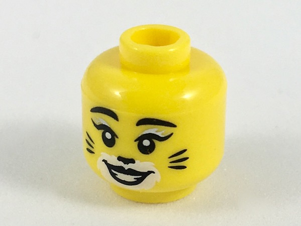 Display of LEGO part no. 3626cpb2084 Minifigure, Head Female, Black Eyebrows and Eyelashes with Silver Highlight, White Makeup with Black Cat Nose and Whiskers Pattern, Hollow Stud  which is a Yellow Minifigure, Head Female, Black Eyebrows and Eyelashes with Silver Highlight, White Makeup with Black Cat Nose and Whiskers Pattern, Hollow Stud 