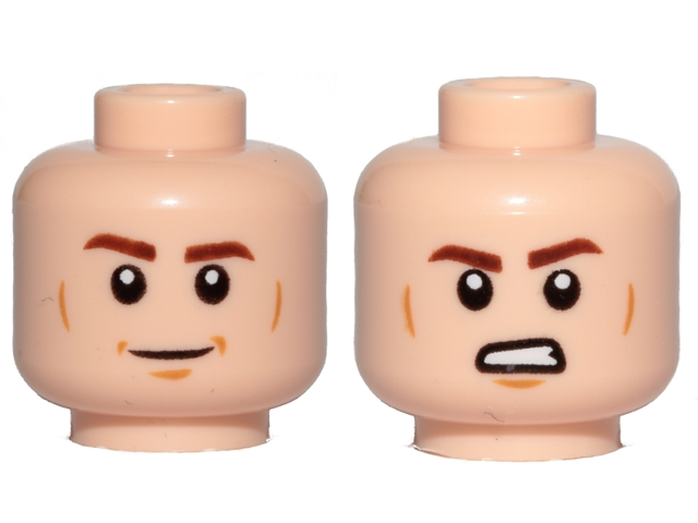 Display of LEGO part no. 3626cpb2108 Minifigure, Head Dual Sided Brown Eyebrows, Cheek Lines, Chin Dimple, Smile / Angry Pattern, Hollow Stud  which is a Light Nougat Minifigure, Head Dual Sided Brown Eyebrows, Cheek Lines, Chin Dimple, Smile / Angry Pattern, Hollow Stud 