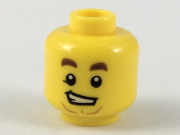 Display of LEGO part no. 3626cpb2146 Minifigure, Head Dark Brown Eyebrows, Lopsided Grin, Medium Nougat Anchor Beard Pattern, Hollow Stud  which is a Yellow Minifigure, Head Dark Brown Eyebrows, Lopsided Grin, Medium Nougat Anchor Beard Pattern, Hollow Stud 