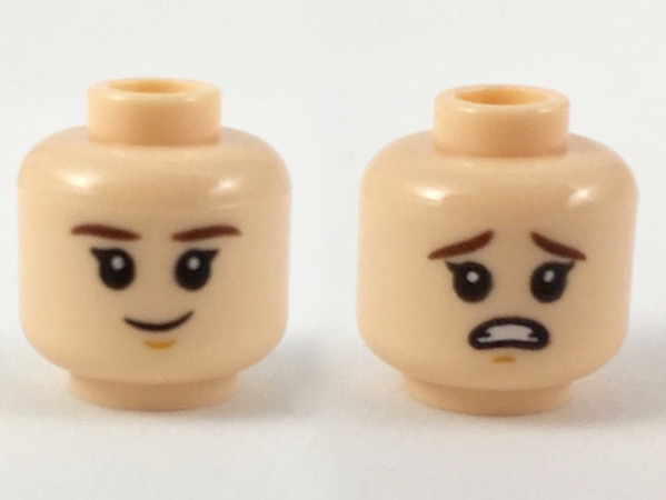 Display of LEGO part no. 3626cpb2169 Minifigure, Head Dual Sided Child Reddish Brown Eyebrows, Grin / Scared Pattern, Hollow Stud  which is a Light Nougat Minifigure, Head Dual Sided Child Reddish Brown Eyebrows, Grin / Scared Pattern, Hollow Stud 