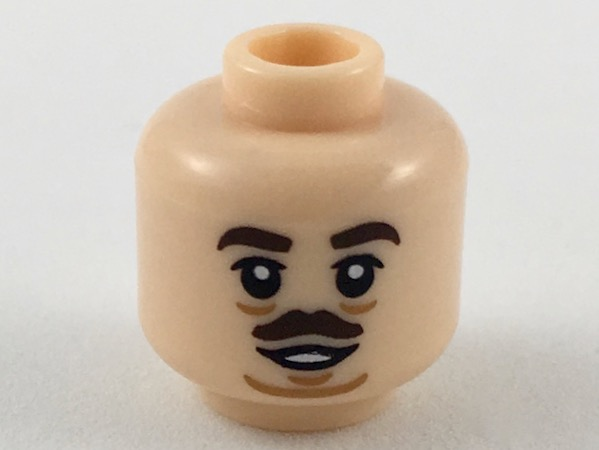 Display of LEGO part no. 3626cpb2190 Minifigure, Head Dark Brown Eyebrows and Small Moustache, Medium Nougat Sagging Lines Under Eyes and Chin Pattern, Hollow Stud  which is a Light Nougat Minifigure, Head Dark Brown Eyebrows and Small Moustache, Medium Nougat Sagging Lines Under Eyes and Chin Pattern, Hollow Stud 