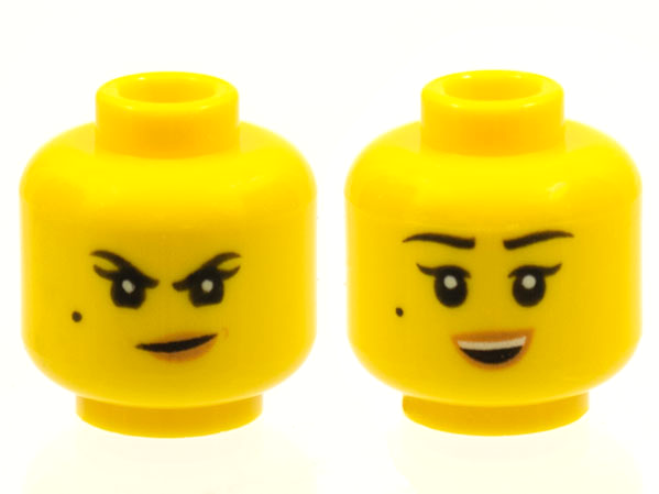 Display of LEGO part no. 3626cpb2249 which is a Yellow Minifigure, Head Dual Sided Female Black Eyebrows, Single Eyelashes, and Beauty Mark, Nougat Lips, Smirk with Dimple / Open Mouth Smile with Top Teeth Pattern, Hollow Stud 