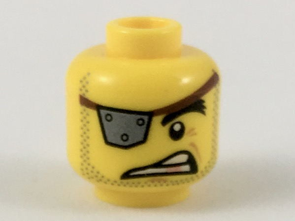 Display of LEGO part no. 3626cpb2269 Minifigure, Head Silver Eye Patch with Rivets, Raised Eyebrow, Gold Tooth, Stubble Pattern (MetalBeard), Hollow Stud  which is a Yellow Minifigure, Head Silver Eye Patch with Rivets, Raised Eyebrow, Gold Tooth, Stubble Pattern (MetalBeard), Hollow Stud 