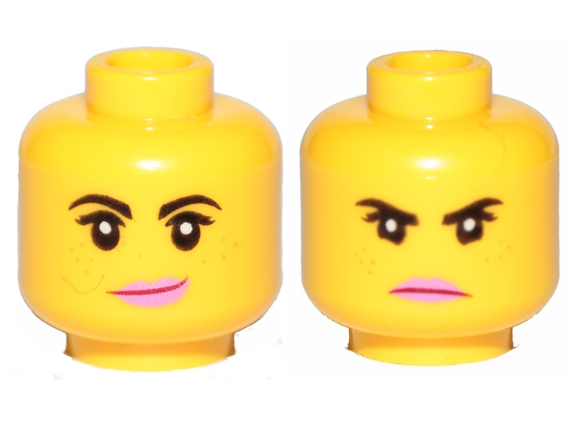 Display of LEGO part no. 3626cpb2271 Minifigure, Head Dual Sided Female Black Eyebrows, Freckles, Eyelashes, Pink Lips, Smile  / Angry Pattern (Lucy Wyldstyle), Hollow Stud  which is a Yellow Minifigure, Head Dual Sided Female Black Eyebrows, Freckles, Eyelashes, Pink Lips, Smile  / Angry Pattern (Lucy Wyldstyle), Hollow Stud 