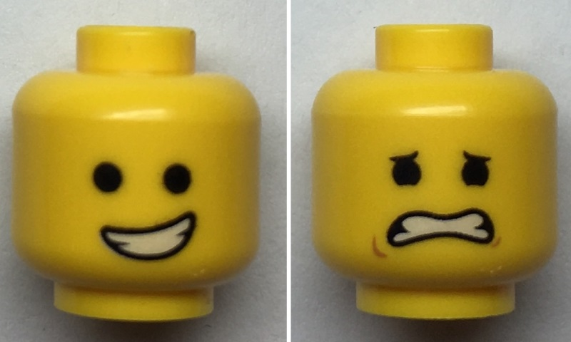 Display of LEGO part no. 3626cpb2281 Minifigure, Head Dual Sided Open Smile with Teeth / Eyebrows, Scared with Dimples Pattern, Hollow Stud  which is a Yellow Minifigure, Head Dual Sided Open Smile with Teeth / Eyebrows, Scared with Dimples Pattern, Hollow Stud 