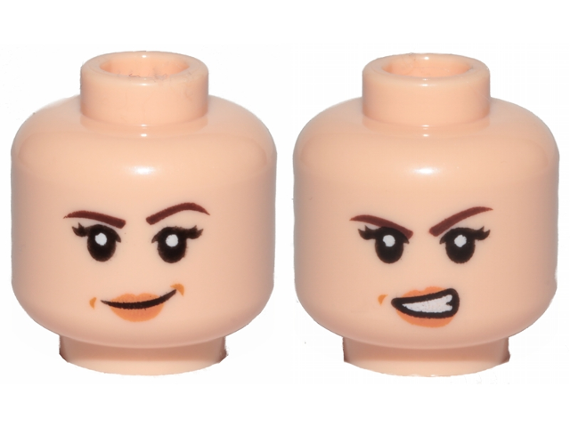 Display of LEGO part no. 3626cpb2293 Minifigure, Head Dual Sided Female Brown Eyebrows, Eyelashes, Peach Lips, Smile / Angry Pattern, Hollow Stud  which is a Light Nougat Minifigure, Head Dual Sided Female Brown Eyebrows, Eyelashes, Peach Lips, Smile / Angry Pattern, Hollow Stud 