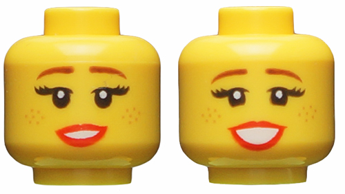 Display of LEGO part no. 3626cpb2311 Minifigure, Head Dual Sided Female, Reddish Brown Eyebrows, Freckles, Red Lips, Medium Smile / Large Smile Pattern, Hollow Stud  which is a Yellow Minifigure, Head Dual Sided Female, Reddish Brown Eyebrows, Freckles, Red Lips, Medium Smile / Large Smile Pattern, Hollow Stud 