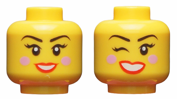 Display of LEGO part no. 3626cpb2314 Minifigure, Head Dual Sided Female, Black Eyebrows, Bright Pink Blush, Red Lips, Smiling / Winking Right Eye Pattern, Hollow Stud  which is a Yellow Minifigure, Head Dual Sided Female, Black Eyebrows, Bright Pink Blush, Red Lips, Smiling / Winking Right Eye Pattern, Hollow Stud 