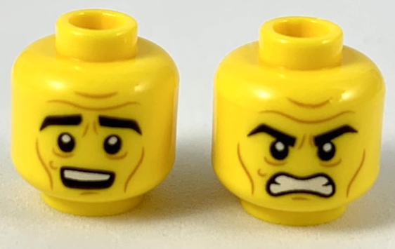 Display of LEGO part no. 3626cpb2316 Minifigure, Head Dual Sided Black Thick Eyebrows, Medium Nougat Brow Furrows and Cheek Lines, Surprised / Angry Pattern, Hollow Stud  which is a Yellow Minifigure, Head Dual Sided Black Thick Eyebrows, Medium Nougat Brow Furrows and Cheek Lines, Surprised / Angry Pattern, Hollow Stud 