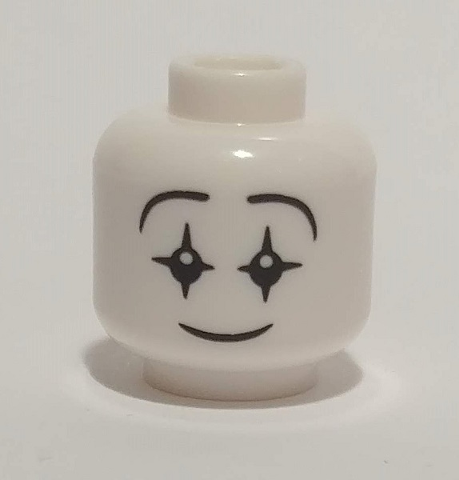 Display of LEGO part no. 3626cpb2325 Minifigure, Head Mime Smiling Face, Black Star Eyes with Pupils Pattern, Hollow Stud (BAM)  which is a White Minifigure, Head Mime Smiling Face, Black Star Eyes with Pupils Pattern, Hollow Stud (BAM) 