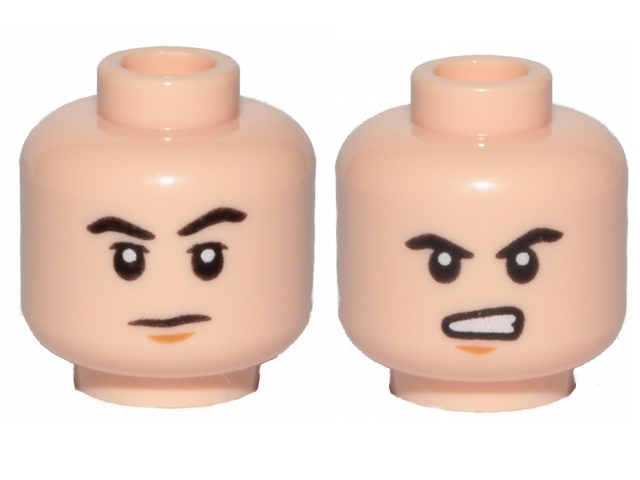 Display of LEGO part no. 3626cpb2358 Minifigure, Head Dual Sided Black Eyebrows, Chin Dimple, Frown / Angry Pattern, Hollow Stud  which is a Light Nougat Minifigure, Head Dual Sided Black Eyebrows, Chin Dimple, Frown / Angry Pattern, Hollow Stud 