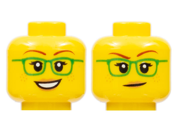 Display of LEGO part no. 3626cpb2377 Minifigure, Head Dual Sided Female Green Glasses, Smile / Closed Mouth Pattern, Hollow Stud  which is a Yellow Minifigure, Head Dual Sided Female Green Glasses, Smile / Closed Mouth Pattern, Hollow Stud 