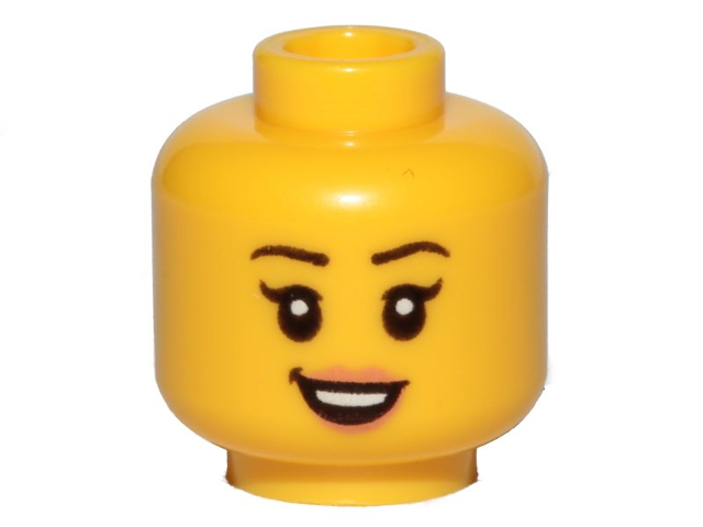 Display of LEGO part no. 3626cpb2381 Minifigure, Head Female Black Eyebrows, Eyelashes, Peach Lips, Smile, Teeth Pattern, Hollow Stud  which is a Yellow Minifigure, Head Female Black Eyebrows, Eyelashes, Peach Lips, Smile, Teeth Pattern, Hollow Stud 