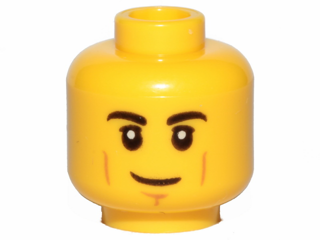 Display of LEGO part no. 3626cpb2385 Minifigure, Head Black Eyebrows, White Pupils, Cheek Lines, Smirk Pattern, Hollow Stud  which is a Yellow Minifigure, Head Black Eyebrows, White Pupils, Cheek Lines, Smirk Pattern, Hollow Stud 