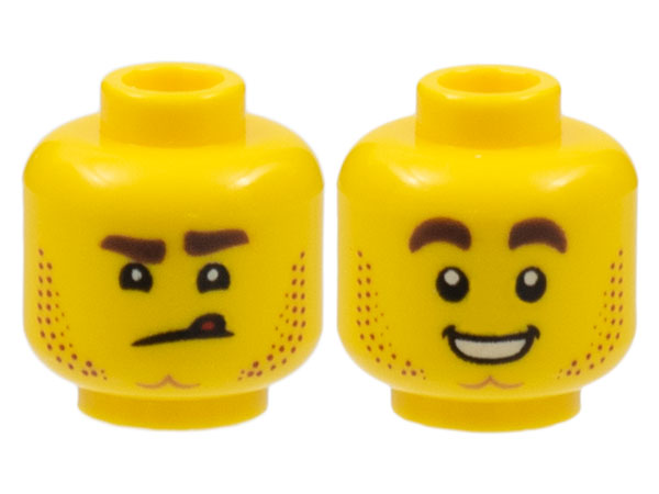 Display of LEGO part no. 3626cpb2460 Minifigure, Head Dual Sided Stubble, Dimpled Chin, Angry Scowl with Tongue / Smile with Teeth Pattern, Hollow Stud  which is a Yellow Minifigure, Head Dual Sided Stubble, Dimpled Chin, Angry Scowl with Tongue / Smile with Teeth Pattern, Hollow Stud 