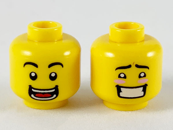 Display of LEGO part no. 3626cpb2462 Minifigure, Head Dual Sided Black Eyebrows, Wide Open Smile with Teeth and Tongue / Blushing with Teeth Pattern, Hollow Stud  which is a Yellow Minifigure, Head Dual Sided Black Eyebrows, Wide Open Smile with Teeth and Tongue / Blushing with Teeth Pattern, Hollow Stud 