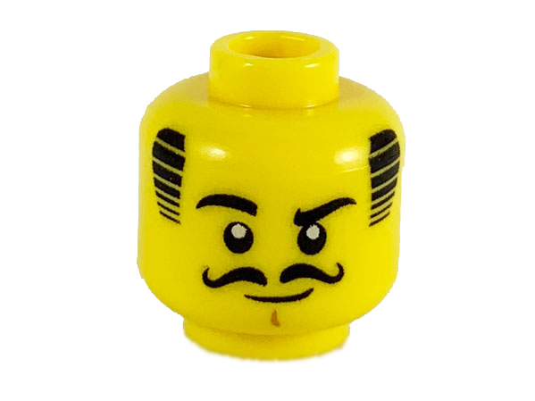 Display of LEGO part no. 3626cpb2466 Minifigure, Head Black Hair, Eyebrows, Eyes, and Moustache, Raised Right Eyebrow Pattern, Hollow Stud  which is a Yellow Minifigure, Head Black Hair, Eyebrows, Eyes, and Moustache, Raised Right Eyebrow Pattern, Hollow Stud 
