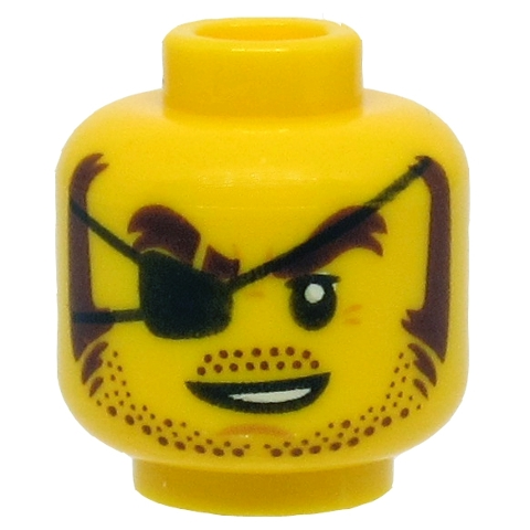 Display of LEGO part no. 3626cpb2526 Minifigure, Head Black Eye Patch, Brown Eyebrows, Sideburns, Stubble, Open White Mouth Pattern, Hollow Stud  which is a Yellow Minifigure, Head Black Eye Patch, Brown Eyebrows, Sideburns, Stubble, Open White Mouth Pattern, Hollow Stud 