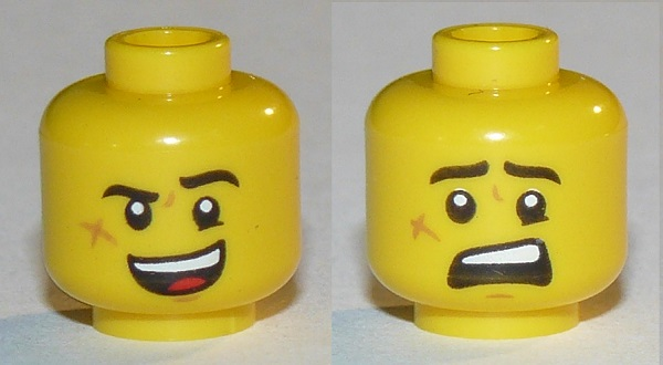 Display of LEGO part no. 3626cpb2567 Minifigure, Head Dual Sided Black Eyebrows, Cheek Scar, Open Mouth Smile / Scared Pattern, Hollow Stud  which is a Yellow Minifigure, Head Dual Sided Black Eyebrows, Cheek Scar, Open Mouth Smile / Scared Pattern, Hollow Stud 