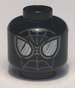 Display of LEGO part no. 3626cpb2577 Minifigure, Head Alien with Spider-Man Web, Pearl Dark Gray Goggles with Flat Silver and White Shine Effect Pattern, Hollow Stud  which is a Black Minifigure, Head Alien with Spider-Man Web, Pearl Dark Gray Goggles with Flat Silver and White Shine Effect Pattern, Hollow Stud 
