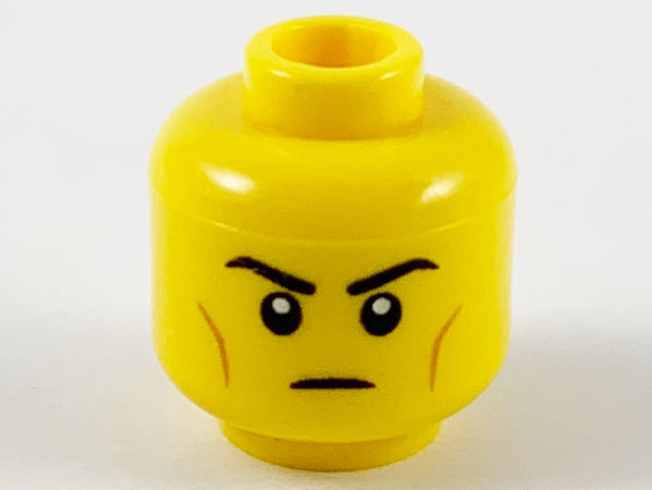 Display of LEGO part no. 3626cpb2595 Minifigure, Head Black Eyebrows, Medium Nougat Cheek Lines and Frown Pattern, Hollow Stud  which is a Yellow Minifigure, Head Black Eyebrows, Medium Nougat Cheek Lines and Frown Pattern, Hollow Stud 