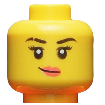 Display of LEGO part no. 3626cpb2598 Minifigure, Head Female Black Eyebrows with Gap in Right Eyebrow, Lopsided Smile with Coral Lips Pattern, Hollow Stud  which is a Yellow Minifigure, Head Female Black Eyebrows with Gap in Right Eyebrow, Lopsided Smile with Coral Lips Pattern, Hollow Stud 