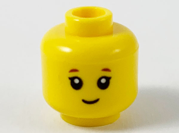 Display of LEGO part no. 3626cpb2601 Minifigure, Head Child Reddish Eyebrows, Grin Pattern, Hollow Stud  which is a Yellow Minifigure, Head Child Reddish Eyebrows, Grin Pattern, Hollow Stud 