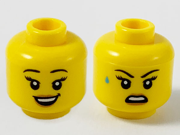 Display of LEGO part no. 3626cpb2609 Minifigure, Head Dual Sided Female, Black Eyebrows, Peach Lips, Smile Showing Teeth / Open Mouth with Sweat Drop Pattern, Hollow Stud  which is a Yellow Minifigure, Head Dual Sided Female, Black Eyebrows, Peach Lips, Smile Showing Teeth / Open Mouth with Sweat Drop Pattern, Hollow Stud 