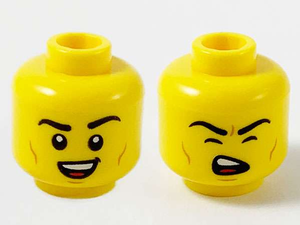 Display of LEGO part no. 3626cpb2610 Minifigure, Head Dual Sided Black Eyebrows, Medium Nougat Cheek Lines, Smile Showing Teeth / Singing with Eyes Closed Pattern, Hollow Stud  which is a Yellow Minifigure, Head Dual Sided Black Eyebrows, Medium Nougat Cheek Lines, Smile Showing Teeth / Singing with Eyes Closed Pattern, Hollow Stud 