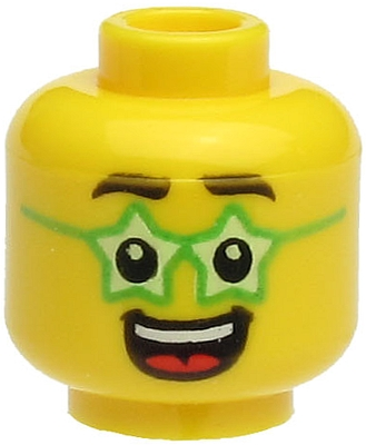 Display of LEGO part no. 3626cpb2612 Minifigure, Head Black Eyebrows, Green Glasses Star Shaped, Large Open Mouth Smile with Teeth and Tongue Pattern, Hollow Stud  which is a Yellow Minifigure, Head Black Eyebrows, Green Glasses Star Shaped, Large Open Mouth Smile with Teeth and Tongue Pattern, Hollow Stud 