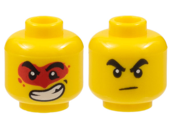Display of LEGO part no. 3626cpb2643 Minifigure, Head Dual Sided Black Thick Eyebrows, Frown / Large Lopsided Open Mouth Grin with Teeth, Red Paint Splotch Around Eyes Pattern, Hollow Stud  which is a Yellow Minifigure, Head Dual Sided Black Thick Eyebrows, Frown / Large Lopsided Open Mouth Grin with Teeth, Red Paint Splotch Around Eyes Pattern, Hollow Stud 
