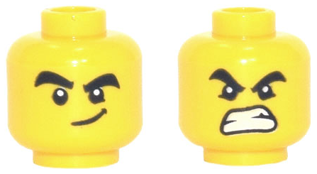 Display of LEGO part no. 3626cpb2646 Minifigure, Head Dual Sided Black Thick Eyebrows and Eyes with White Pupils with Smirk / Angry with Bared Teeth Pattern, Hollow Stud  which is a Yellow Minifigure, Head Dual Sided Black Thick Eyebrows and Eyes with White Pupils with Smirk / Angry with Bared Teeth Pattern, Hollow Stud 