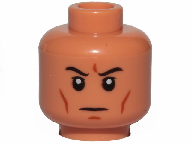 Display of LEGO part no. 3626cpb2651 Minifigure, Head Black Eyebrows, White Pupils, Cheek Lines, Chin Dimple, Frown Pattern, Hollow Stud  which is a Nougat Minifigure, Head Black Eyebrows, White Pupils, Cheek Lines, Chin Dimple, Frown Pattern, Hollow Stud 
