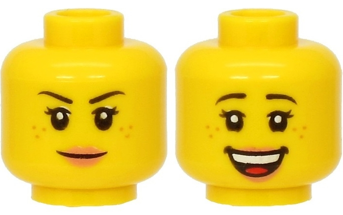 Display of LEGO part no. 3626cpb2662 Minifigure, Head Dual Sided Female Black Eyebrows, Freckles, Eyelashes, Peach Lips, Smile / Open Mouth Smile with Teeth Pattern, Hollow Stud  which is a Yellow Minifigure, Head Dual Sided Female Black Eyebrows, Freckles, Eyelashes, Peach Lips, Smile / Open Mouth Smile with Teeth Pattern, Hollow Stud 