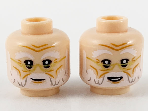 Display of LEGO part no. 3626cpb2670 Minifigure, Head Dual Sided White Eyebrows and Beard, Gold Glasses, Grin / Smile with Teeth Pattern, Hollow Stud  which is a Light Nougat Minifigure, Head Dual Sided White Eyebrows and Beard, Gold Glasses, Grin / Smile with Teeth Pattern, Hollow Stud 