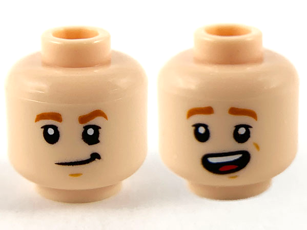 Display of LEGO part no. 3626cpb2679 Minifigure, Head Dual Sided Child Dark Orange Eyebrows, Lopsided Grin / Open Mouth Smile Pattern, Hollow Stud  which is a Light Nougat Minifigure, Head Dual Sided Child Dark Orange Eyebrows, Lopsided Grin / Open Mouth Smile Pattern, Hollow Stud 