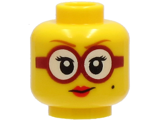 Display of LEGO part no. 3626cpb2725 Minifigure, Head Female Dark Orange Eyebrows, Glasses Round with White Lenses and Dark Red Frames, Beauty Mark, Red Lips, Smile Pattern, Hollow Stud  which is a Yellow Minifigure, Head Female Dark Orange Eyebrows, Glasses Round with White Lenses and Dark Red Frames, Beauty Mark, Red Lips, Smile Pattern, Hollow Stud 