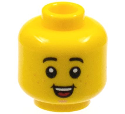 Display of LEGO part no. 3626cpb2727 Minifigure, Head Child Black Eyebrows, Freckles,  Small Open Smile with Top Teeth Pattern, Hollow Stud  which is a Yellow Minifigure, Head Child Black Eyebrows, Freckles,  Small Open Smile with Top Teeth Pattern, Hollow Stud 