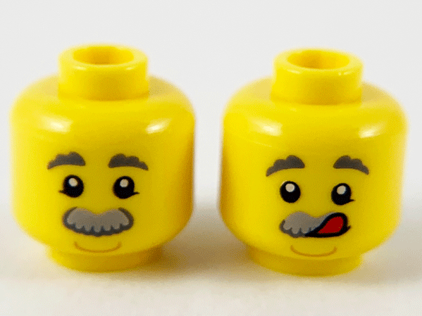 Display of LEGO part no. 3626cpb2740 Minifigure, Head Dual Sided Dark Bluish Gray Eyebrows, Light Bluish Gray Bushy Moustache, Neutral / Licking Lips Pattern, Hollow Stud  which is a Yellow Minifigure, Head Dual Sided Dark Bluish Gray Eyebrows, Light Bluish Gray Bushy Moustache, Neutral / Licking Lips Pattern, Hollow Stud 