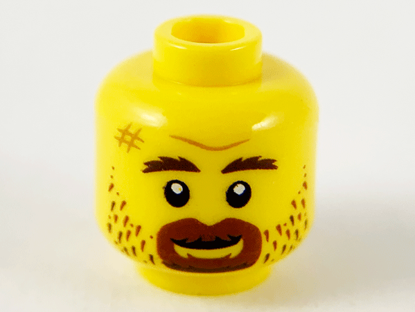 Display of LEGO part no. 3626cpb2741 Minifigure, Head Reddish Brown Eyebrows, Goatee, Stubble, Medium Nougat Scar and Brow Furrow Pattern, Hollow Stud  which is a Yellow Minifigure, Head Reddish Brown Eyebrows, Goatee, Stubble, Medium Nougat Scar and Brow Furrow Pattern, Hollow Stud 