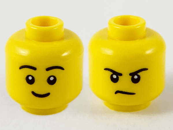 Display of LEGO part no. 3626cpb2748 Minifigure, Head Dual Sided Black Eyebrows, Grin / Frown Pattern, Hollow Stud  which is a Yellow Minifigure, Head Dual Sided Black Eyebrows, Grin / Frown Pattern, Hollow Stud 