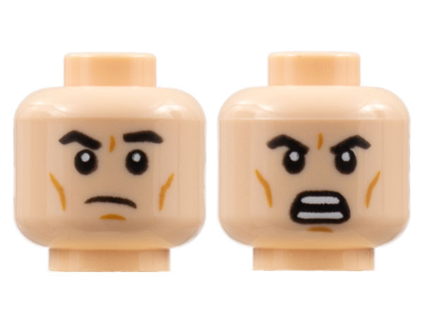 Display of LEGO part no. 3626cpb2840 Minifigure, Head Dual Sided, Black Eyebrows, Dark Orange Cheek Lines, Frown Left Eyebrow Raised / Open Scowl Pattern, Hollow Stud  which is a Light Nougat Minifigure, Head Dual Sided, Black Eyebrows, Dark Orange Cheek Lines, Frown Left Eyebrow Raised / Open Scowl Pattern, Hollow Stud 