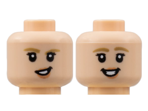 Display of LEGO part no. 3626cpb2863 Minifigure, Head Dual Sided Female, Dark Tan Eyebrow, Medium Nougat Lips, Lopsided Grin / Smile with Teeth Pattern, Hollow Stud  which is a Light Nougat Minifigure, Head Dual Sided Female, Dark Tan Eyebrow, Medium Nougat Lips, Lopsided Grin / Smile with Teeth Pattern, Hollow Stud 