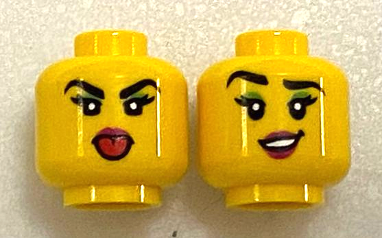Display of LEGO part no. 3626cpb2901 Minifigure, Head Female, Black Eyebrows and Eyelashes, Bright Green Mascara, Open Mouth Smile, Red Lips Pattern, Hollow Stud  which is a Yellow Minifigure, Head Female, Black Eyebrows and Eyelashes, Bright Green Mascara, Open Mouth Smile, Red Lips Pattern, Hollow Stud 