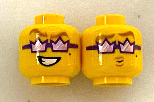 Display of LEGO part no. 3626cpb2902 Minifigure, Head Dual Sided Gold Eyebrows, Dark Purple Crown Sunglasses, Open Mouth Grin / Puckered Lips Pattern, Hollow Stud  which is a Yellow Minifigure, Head Dual Sided Gold Eyebrows, Dark Purple Crown Sunglasses, Open Mouth Grin / Puckered Lips Pattern, Hollow Stud 