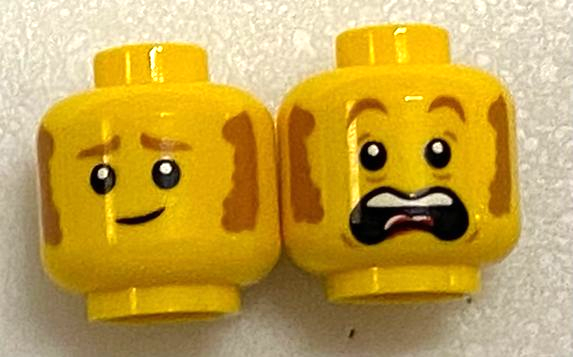 Display of LEGO part no. 3626cpb2903 Minifigure, Head Dual Sided Medium Nougat Eyebrows and Sideburns, Smile / Scared Open Mouth with Teeth and Red Tongue Pattern - Hollow Stud