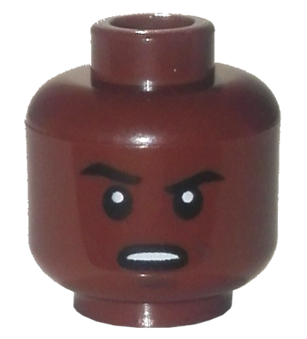 Display of LEGO part no. 3626cpb2925 Minifigure, Head Black Eyebrows, Raised Right Eyebrow, Scowl with Open Mouth and Teeth Pattern, Hollow Stud  which is a Reddish Brown Minifigure, Head Black Eyebrows, Raised Right Eyebrow, Scowl with Open Mouth and Teeth Pattern, Hollow Stud 